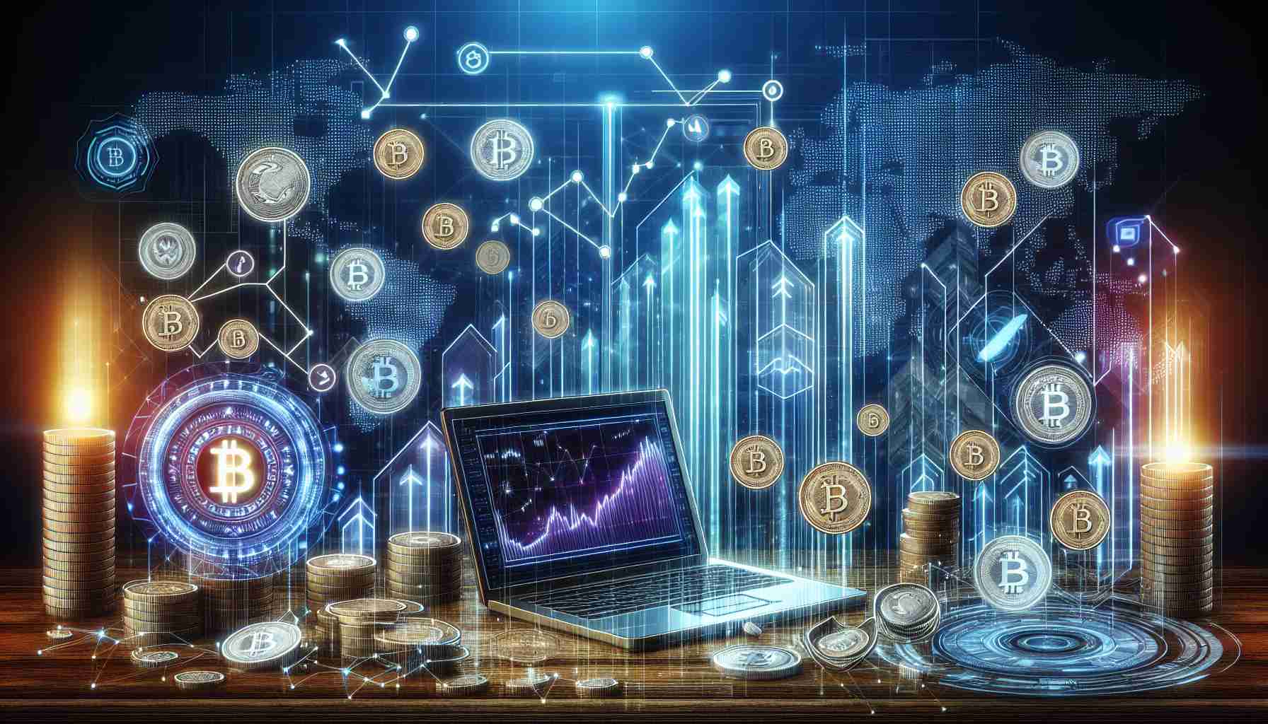 Generate a high-definition realistic image representing the concept of a new cryptocurrency shaking the market under the fictional name 'Moo Deng Coin'. The image should visually embody the future of digital finances. Perhaps include symbols of technology and finance such as computer screens displaying increasing graphs, digital coins, futuristic servers, and holographic projections.