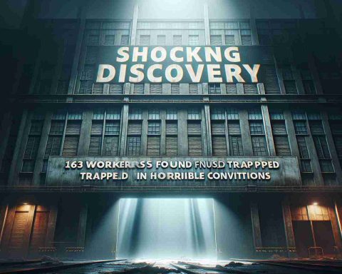 Realistic high-definition depiction of a headline, 'Shocking Discovery: 163 Workers Found Trapped in Horrible Conditions.' The headline is displayed in bold letters against a background that shows the facade of an industrial building under harsh lighting, conveying a sense of urgency and drama. The building screams of abandonment, with its rusted shutters and worn-out walls. A sense of mystery and dread is communicated through shadows and low light.