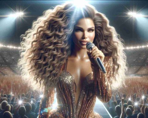 Realistic HD image of a charismatic female performer with long, curly hair, shining brightly during a groundbreaking halftime show on a massive stage surrounded by thousands of excited fans. The performer, wearing a glittering, golden outfit, holds a microphone in her hand and brings an overwhelming aura of confidence and talent to her performance.