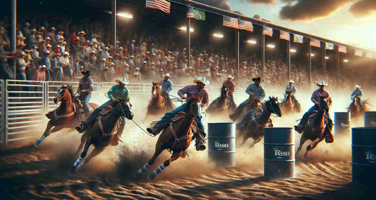 Generate a high-definition realistic image of an intense barrel racing showdown. The competition is captivating, with riders and horses demonstrating impressive speed and agility around the barrels. The crowd is filled with anticipation, cheering for their favorite competitors. The dirt can be seen flying off the ground, as the sun shines brilliantly in the sky. The event takes place in a large rodeo arena with supporting spectators. Who shall claim victory remains uncertain, elevating the suspense of the contest.