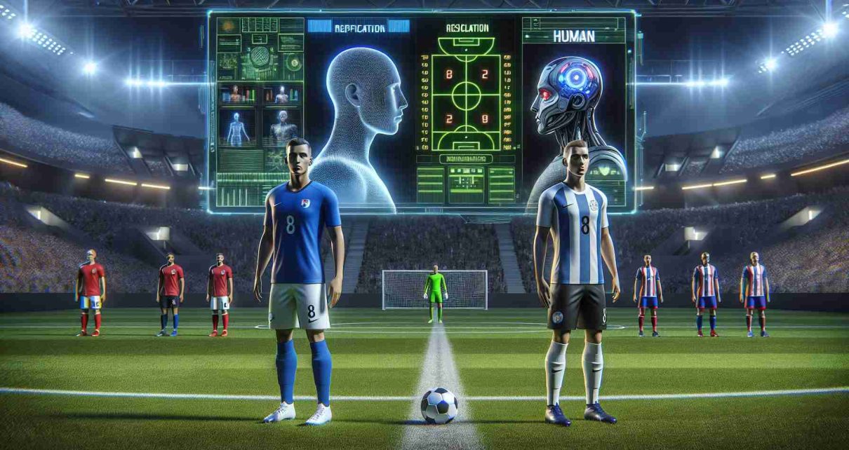 Realistically detailed image in high-definition of a futuristic face-off on a soccer field. Visualise it such as one team being represented by Artificial Intelligence and the other by humans, both wearing their respective team jerseys and prepared for a soccer game. The scoreboard in the background predicts the standings between the team represented by AI and human team. Please do not include specific team logos or player likenesses.