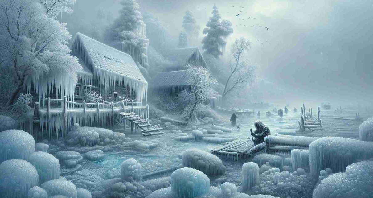 An high-definition photorealistic depiction of a winter scene displaying the brutality of bone-chilling cold. Picture an icy landscape, an environment that seems frozen in time due to the harsh conditions. The surroundings may be coated in a layer of thick snow, ice crystals hanging from trees and icicles hanging from the roofs. The sky could be a dull grey, representative of the relentless cold. Maybe even a few stray snowflakes falling from the sky. Include elements like frozen bodies of water, and perhaps a figure bundled up in heavy winter attire, battling the harsh cold