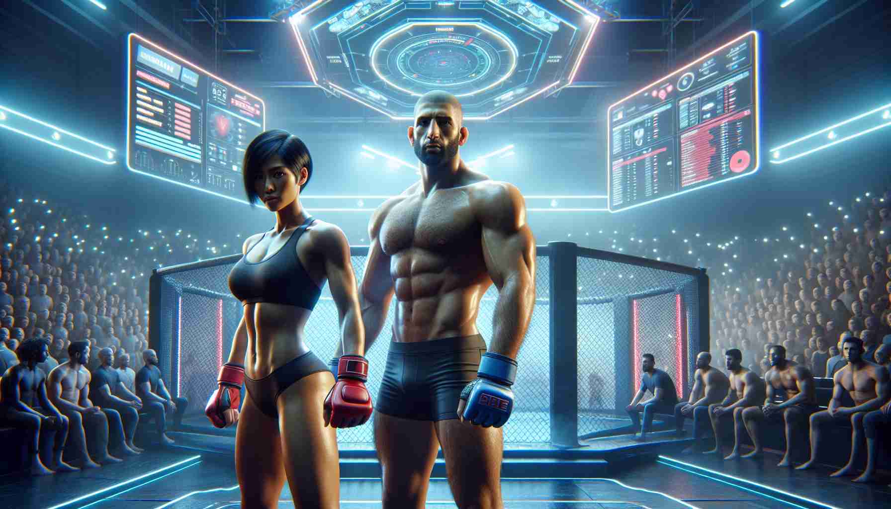 Create a high-definition realistic photo of a hypothetical ultimate fighting championship event titled 'A Glimpse into the Future?'. The scene should be set in a futuristic fight cage, with two fighters prepared for a match. One fighter is a muscular Hispanic woman with short black hair, wearing red gloves and black shorts. The other is a tall, athletic Middle-Eastern man with shaved head, sported in blue gloves and white shorts. The audience is in anticipation, bathed in the glow of neon lights. Screens around the arena display stats and fighter profiles.