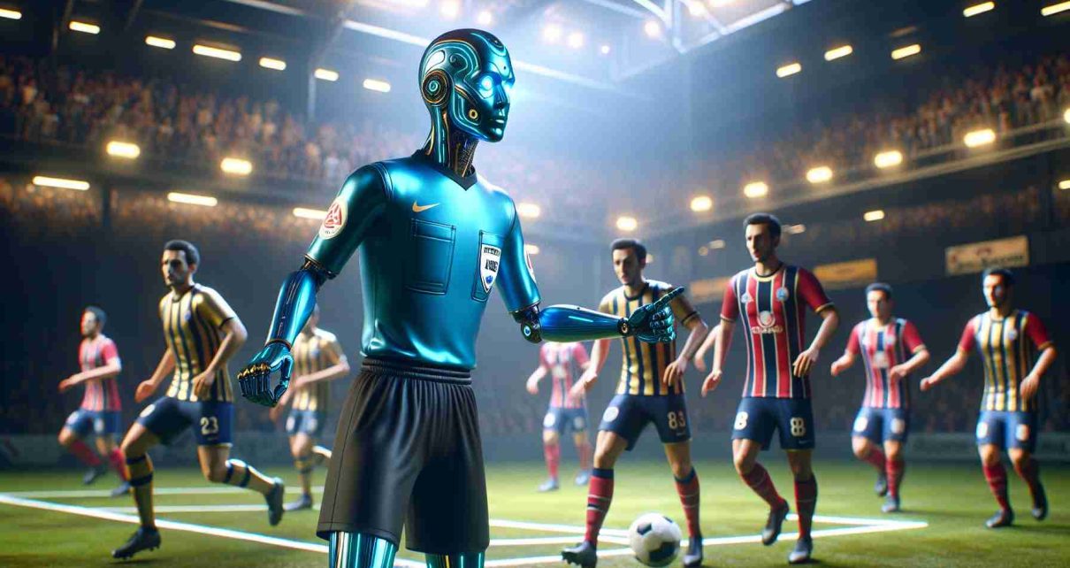 An artificial intelligence, visually represented as a blue humanoid in metallic texture with glowing eyes, playing the role of a referee in a stimulating soccer match between two teams. One team is in gold and navy blue kit, resembling Newcastle Jets, and the other team sports a red and white kit, similar to Adelaide United. The venue is vintage, like a realistic, high definition image captured at a soccer stadium. The scene is packed with action and emotion during the match, showcasing the significant impact of AI in sports officiating. Please do not include any text or logos of the teams.