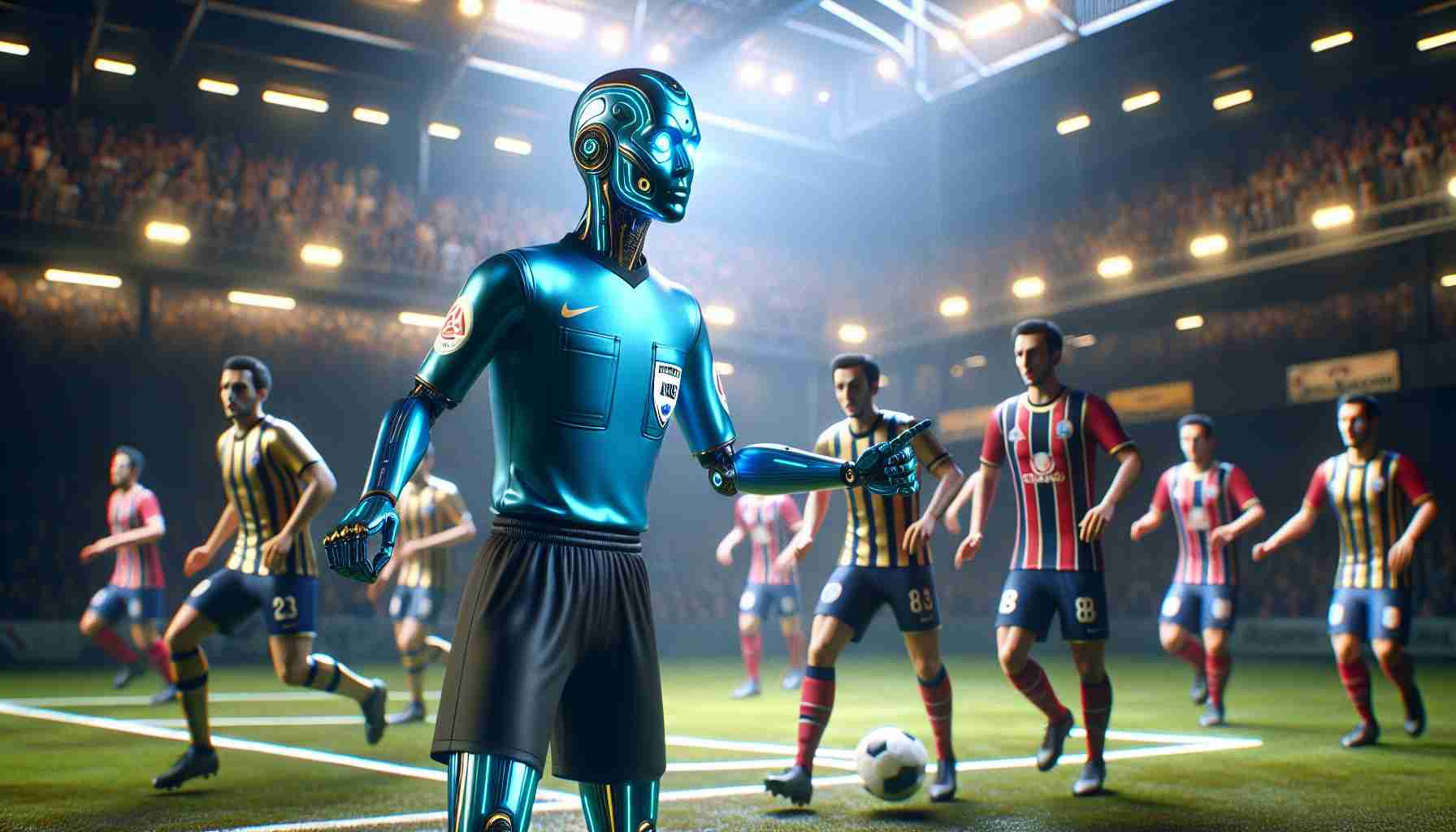 An artificial intelligence, visually represented as a blue humanoid in metallic texture with glowing eyes, playing the role of a referee in a stimulating soccer match between two teams. One team is in gold and navy blue kit, resembling Newcastle Jets, and the other team sports a red and white kit, similar to Adelaide United. The venue is vintage, like a realistic, high definition image captured at a soccer stadium. The scene is packed with action and emotion during the match, showcasing the significant impact of AI in sports officiating. Please do not include any text or logos of the teams.