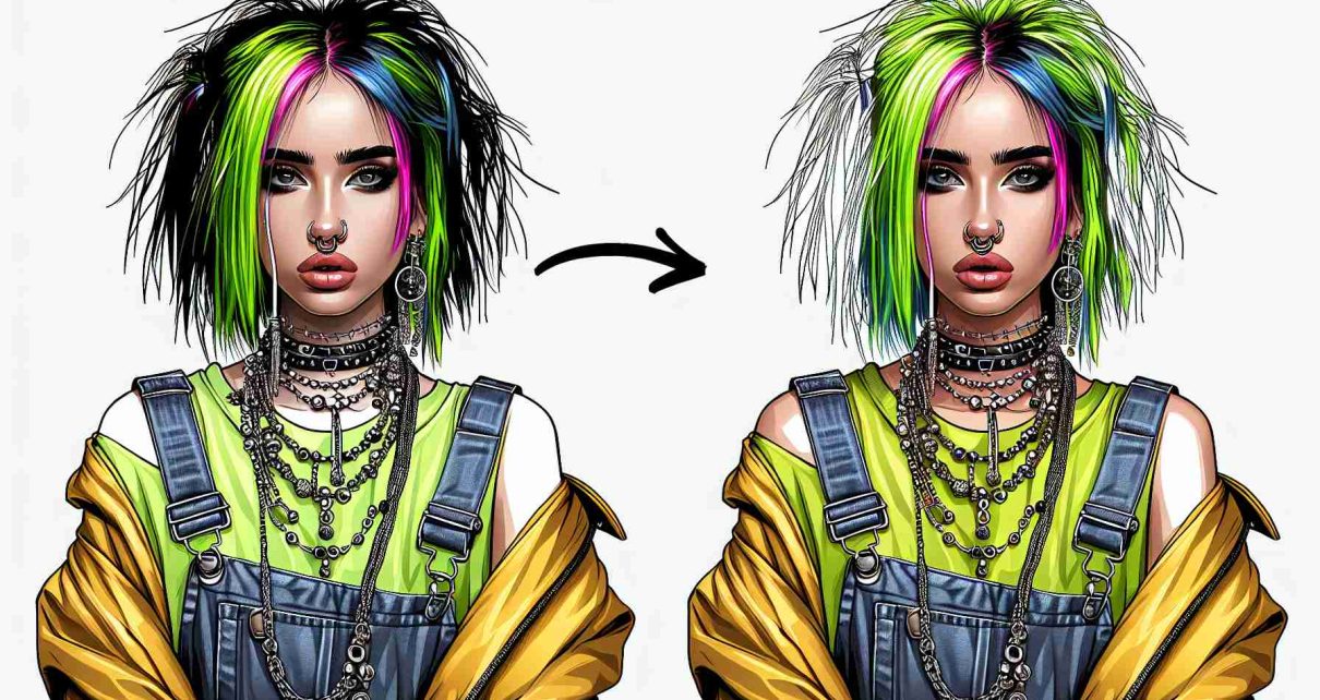 Create an illustration of a young adult singer with neon green and black root hair. She is known for her eclectic fashion sense, often incorporating baggy clothing, multiple necklaces and groundbreaking styles. Capture her transformation through her fashion evolution. Emphasize on realism to create an HD quality image.