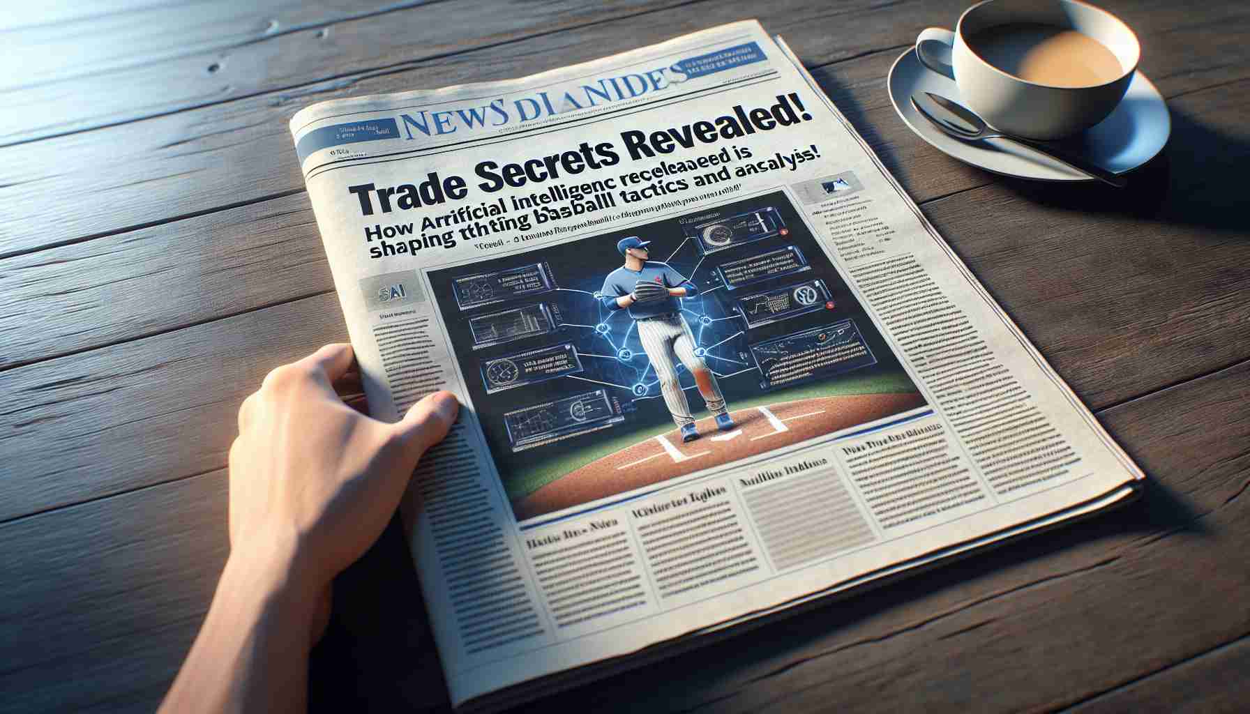 A high-definition, realistic image of an open newspaper. The headline states 'Trade Secrets Revealed! How Artificial Intelligence is Shaping the Future of Baseball'. Include an accompanying diagram displaying AI's impact on baseball tactics and analysis. The story is about the baseball team from New York.