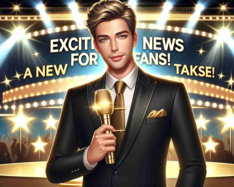 High-definition image of a glamorous, brightly lit stage. A male host with Caucasian descent in a slick black suit and gold tie is positioned at the center, holding a sparkly microphone. There's a banner with the text 'Exciting News for Fans! A New Host Takes Stage!' displayed above him, conveying positive vibrant energy and anticipation.