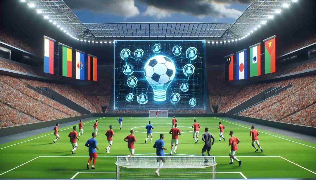 Illustration of the future where Artificial Intelligence coaches lead the way in soccer. Show a high-definition, realistic image of an AI computer screen displaying strategic soccer plans, placed in the middle of a large, modern stadium representing clubs from Europe. On the intensive green grass, several players of various descents like Black, South Asian, Hispanic, Middle-Eastern, and Caucasian practicing drills. Incorporate team colors of red and white for team one, and red and black for team two into their uniforms to represent teams in a generic way.