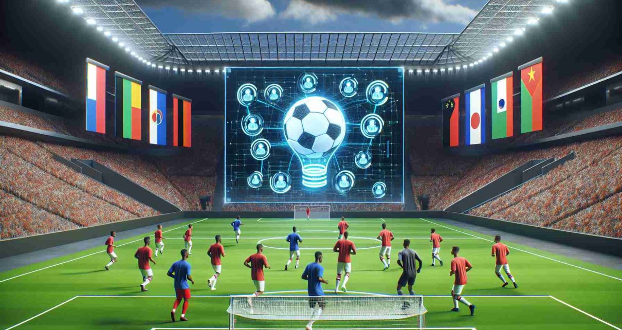 Illustration of the future where Artificial Intelligence coaches lead the way in soccer. Show a high-definition, realistic image of an AI computer screen displaying strategic soccer plans, placed in the middle of a large, modern stadium representing clubs from Europe. On the intensive green grass, several players of various descents like Black, South Asian, Hispanic, Middle-Eastern, and Caucasian practicing drills. Incorporate team colors of red and white for team one, and red and black for team two into their uniforms to represent teams in a generic way.