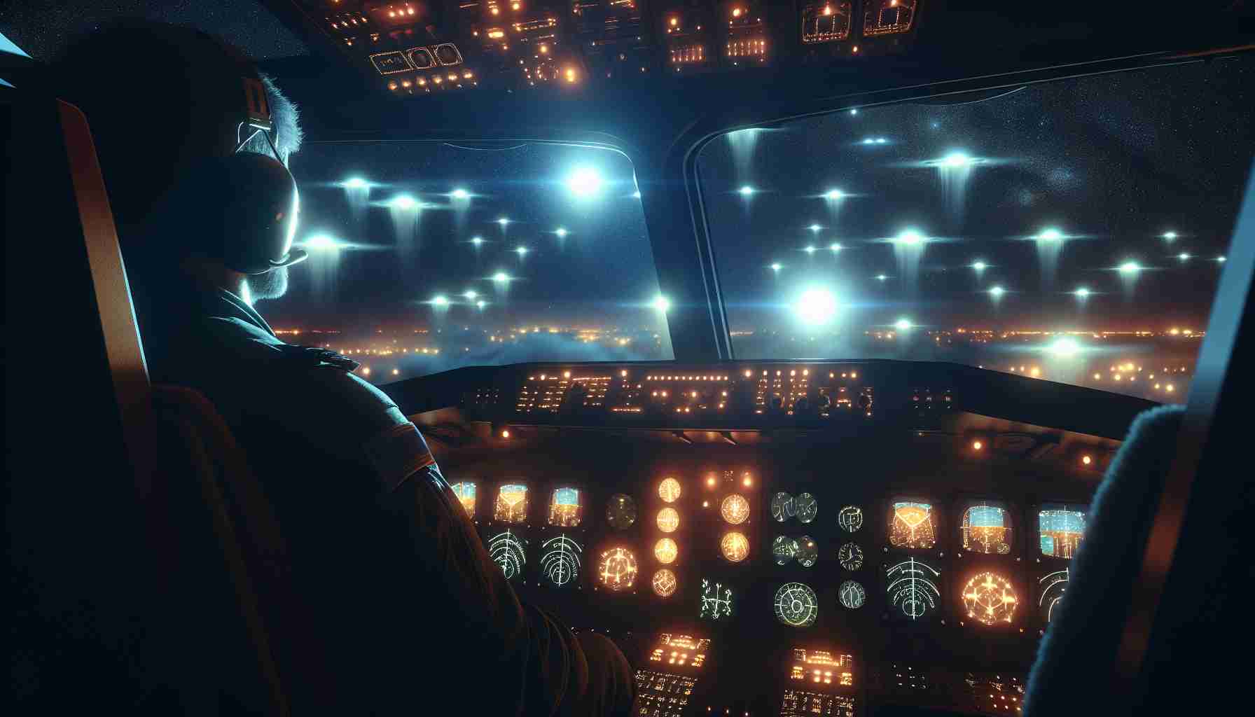 Render a realistic high-definition image of an aerial scene at night where enigmatic and bright lights in unusual formations captivate a pilot's interest. The pilot is situated in a cockpit, peering out with an expression of curiosity and awe. The dashboards and instrument panels cast a gentle glow in the dark enclosure of the cockpit. The backdrop should include a starlit sky with the moon and clouds slightly peeking through. The mysterious lights, the main focus, should be hovering in the distance, giving off an eerie yet captivating glow.