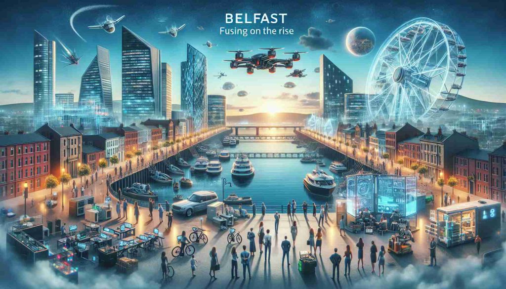 Create a high-definition, realistic image representing the future of Belfast as a rising technology hub. The scene should visualize the city's evolution towards advanced technologies with futuristic infrastructure, bustling activity of people of different descents and genders engaged in various tech-related jobs. Remember to include the essence of a city on the rise, new tech start-ups, and innovation centers, signifying its transformation.