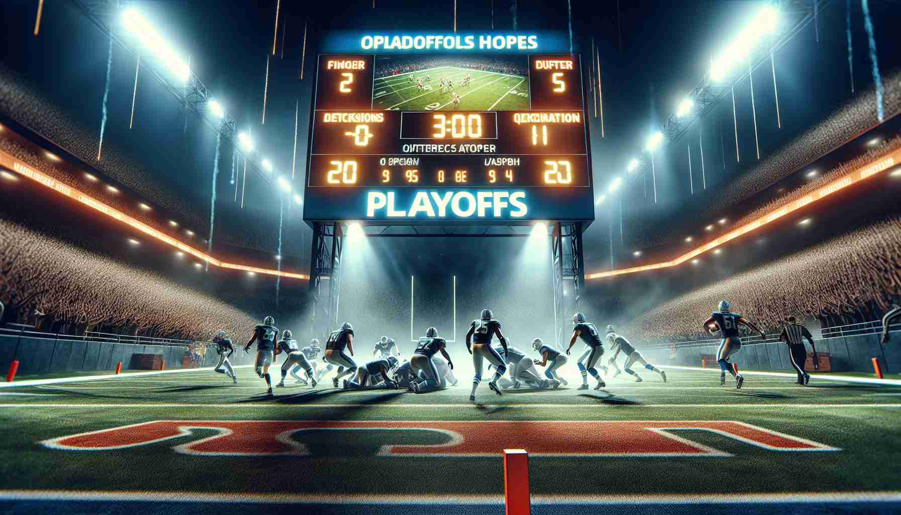 A realistic HD photo representing the concept of a professional American football team's playoff hopes being shattered following a high-scoring game. Depict a football stadium with the scoreboard showing high numbers, indicating a high-scoring game. The atmosphere should be tense and dynamic with players in action and a crowd in the background expressing a variety of emotions. Try to convey a sense of disappointment and shock suggesting that the crucial match didn't end in favor of the home team.