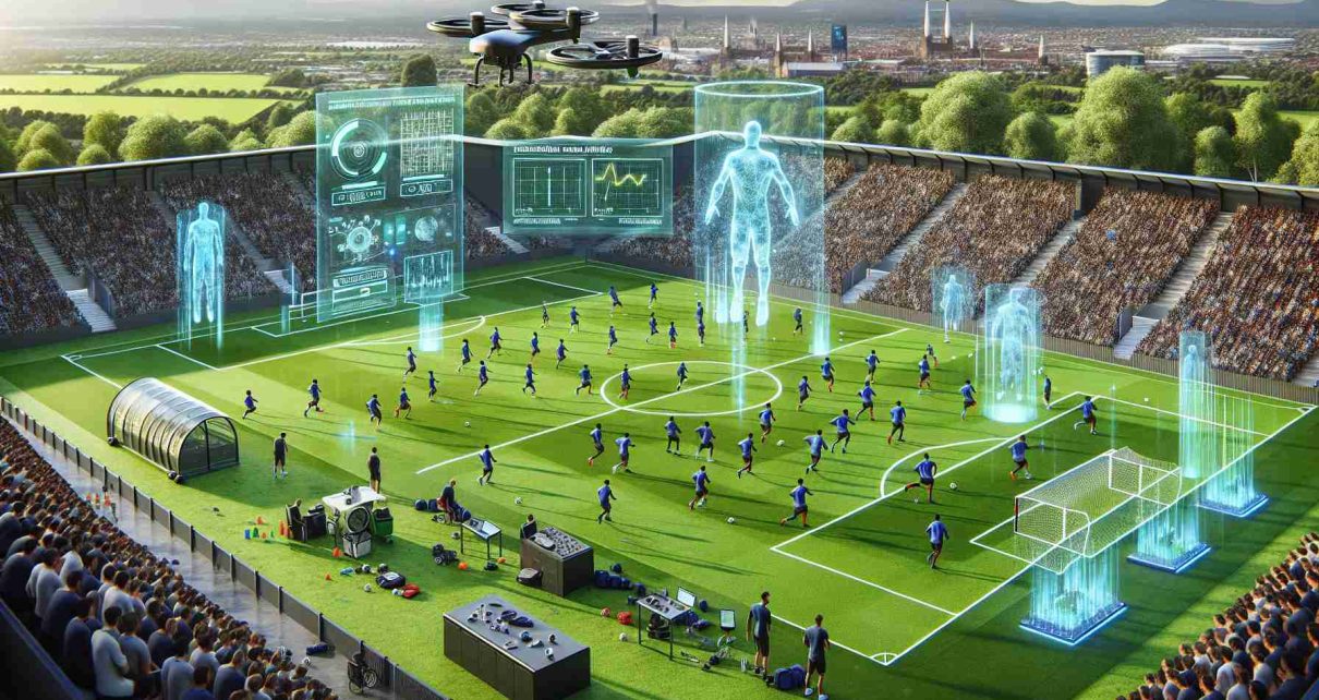 Detailed rendering of an innovative football training mass session. A highlight here is the integration of advanced Artificial Intelligence technology - drones flying overhead observing the players, virtual reality equipment for player training, high-tech wearable devices measuring player performance. The scenery is a spacious, verdant football pitch with a large digital screen displaying real-time data analysis by the AI, set against the backdrop of Chelsea, a picturesque city in England. Please ensure the athletes are diverse in gender and descent, representing a global team.