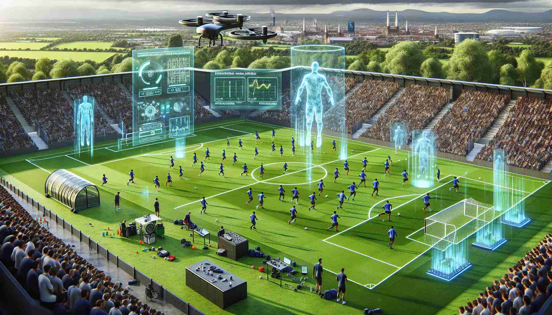 Detailed rendering of an innovative football training mass session. A highlight here is the integration of advanced Artificial Intelligence technology - drones flying overhead observing the players, virtual reality equipment for player training, high-tech wearable devices measuring player performance. The scenery is a spacious, verdant football pitch with a large digital screen displaying real-time data analysis by the AI, set against the backdrop of Chelsea, a picturesque city in England. Please ensure the athletes are diverse in gender and descent, representing a global team.