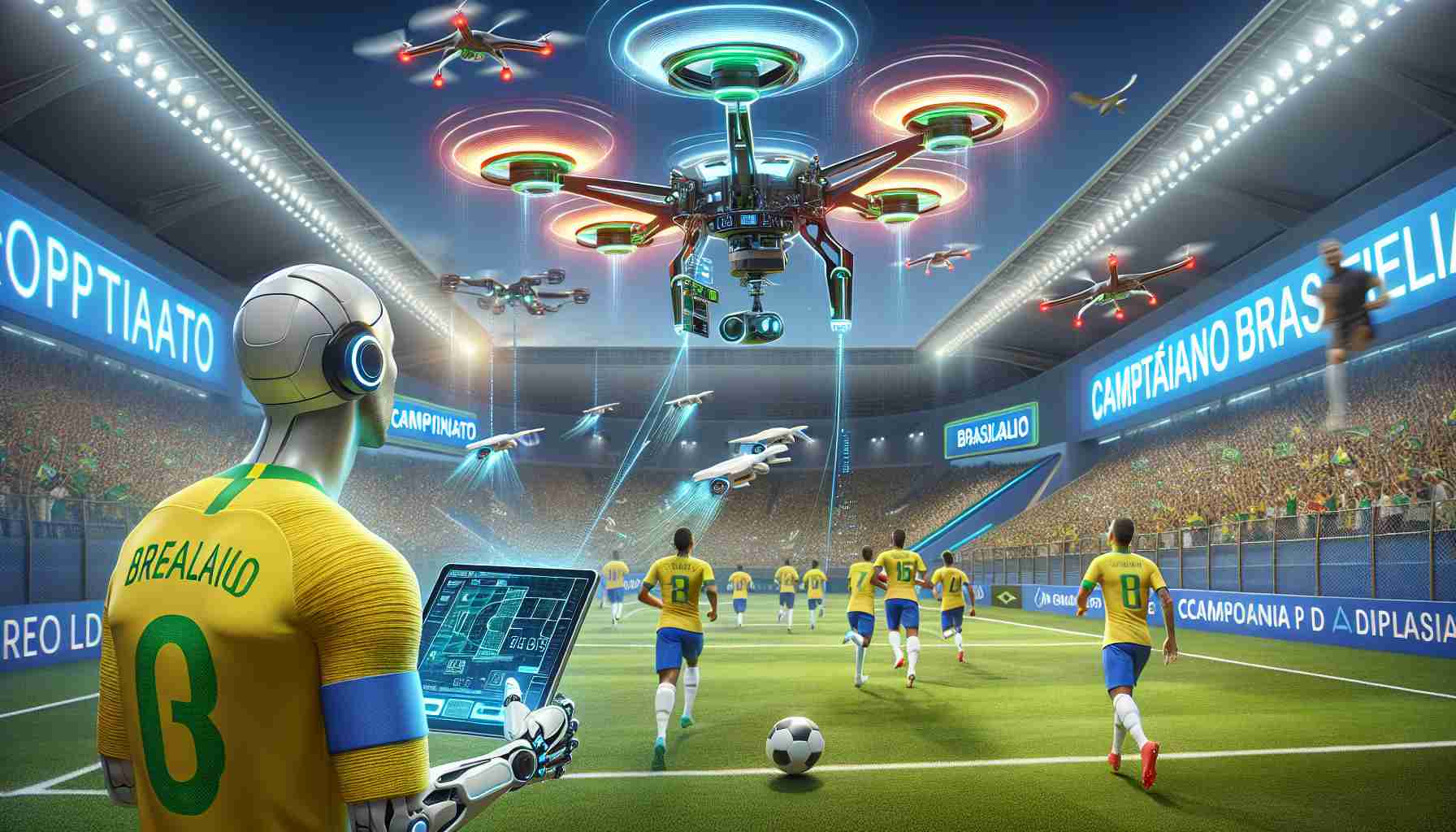 A realistic high-definition image illustrating the future of 'Campionato Brasiliano', also known as the Brazilian Championship. Show how technology might revolutionize Brazilian football. Perhaps there are drones capturing every angle of the game, smart wearable technology on the players for performance tracking, and advanced virtual reality systems for immersive audience experiences. The football field, players, tech equipment should be rendered in the brightest and liveliest of colors, demonstrating a fusion of tradition and innovation.