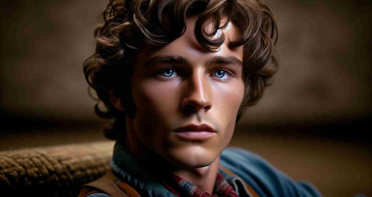 Realistic high-definition image of a young actor with curly brown hair and blue eyes, who shares a striking resemblance with a legendary 60s folk musician. This actor is performing in a biographical cinema. Capture the intensity of his performance and the shock factor of the film.