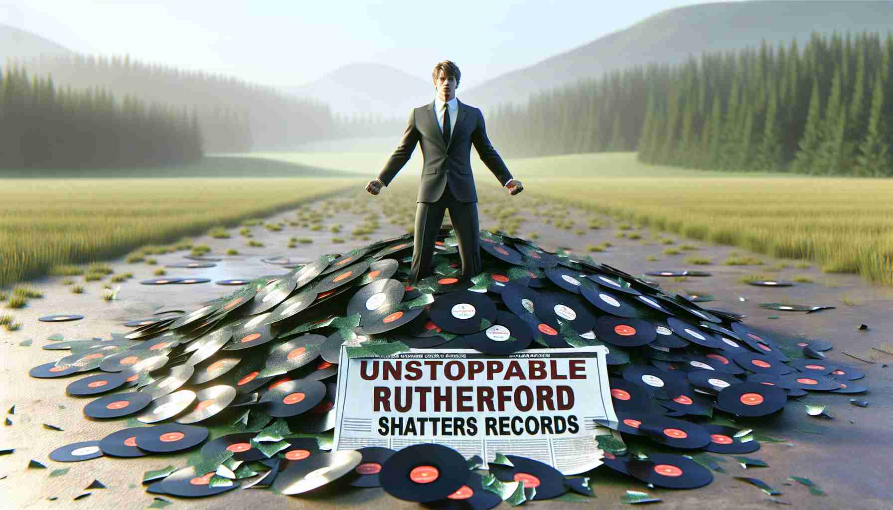 Realistic HD image capturing the scene of an individual named Rutherford shattering records in an unspecified field. Their successful performance is evident from numerous shattered actual records scattered around the victorious figure, indicative of their unstoppable nature. Note: 'Unstoppable Rutherford Shatters Records' could be displayed as a headline on a newspaper or digital news platform in the scene.