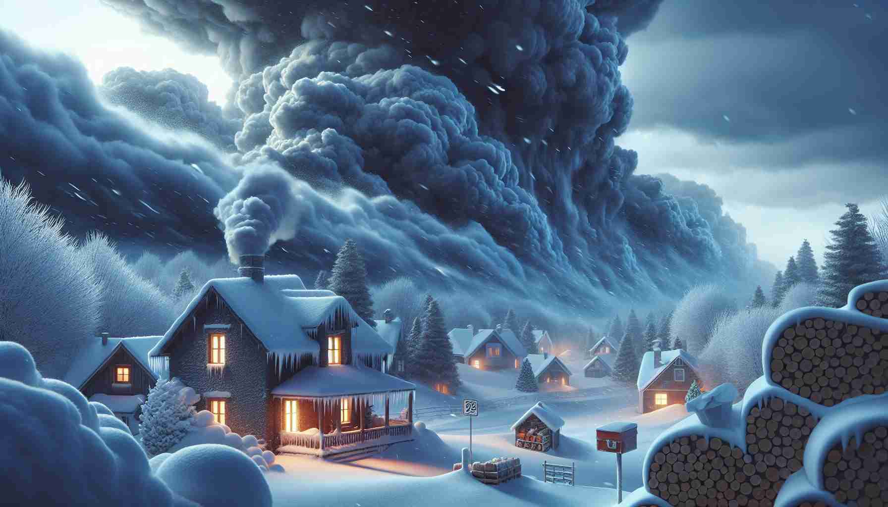 Create a realistic high-definition image depicting a formidable winter storm setting in. Show dark, menacing clouds roiling overhead, blanketing the entire sky. Highlight gusts of freezing wind blowing snowflakes mercilessly in all directions causing poor visibility. Showcase houses tucked away under mounds of fresh snow, with icicles hanging from rooftops. Signs and symbols associated with preparation for a storm, such as stacked firewood, a loaded pantry, insulated windows, and emergency kit, should also be included as part of the scene.