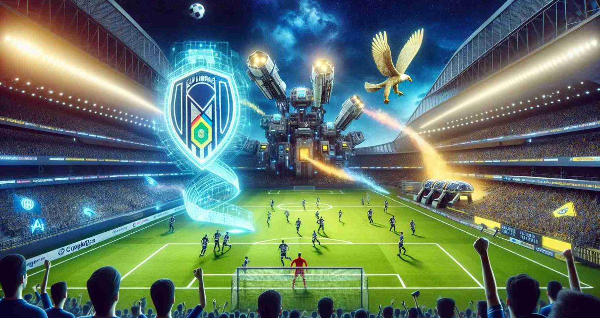 An image depicting a futuristic twist in a football match between two teams. One side is represented by the emblem of an eagle soaring, symbolizing Club America, and the other displays a cement-producing machine, representing Cruz Azul. The pitch is vibrant green, under the stunning light of the stadium. Advanced AI elements like holographic players and robotic referees are prominently visible, giving the scene a surreal, forward-thinking feel. The crowd in the stadium, a diverse mix of supporters from both teams, express their excitement for the match with animated faces and cheering banners.