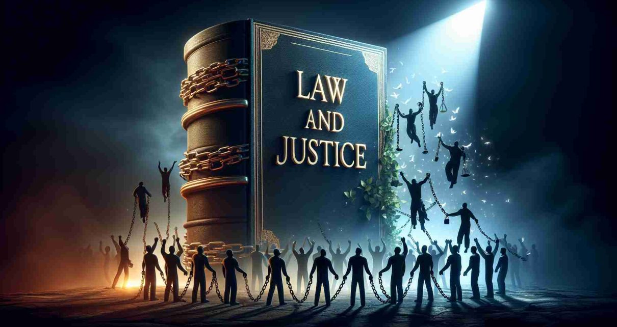 Realistic high-definition photo depicting the concept of justice delayed. It illustrates the scenario where years of wrongful arrests are finally accumulating and being addressed. Perhaps there's a massive book symbolizing 'law and justice' set against a dark sky, illuminating few signs of hope. Silhouettes of people freed from chains can also be depicted, symbolizing the individuals who have been wrongfully arrested but their cases are now being addressed.