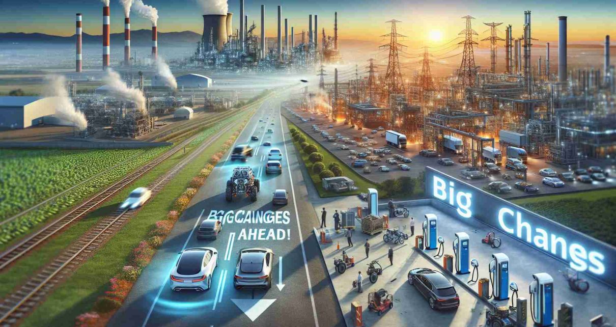 A realistic high-definition image depicting the future of the auto industry. The image should include the phrase 'Big Changes Ahead!'. There should be a glimpse of future technologies, such as autonomous vehicles, electric cars charging at charging stations, and high-tech manufacturing plants. Also, include a contrasting image of today's vehicles and infrastructure to emphasize the 'big changes'. The setting should be a vast panoramic view that juxtaposes the old and new aspects of the auto industry.