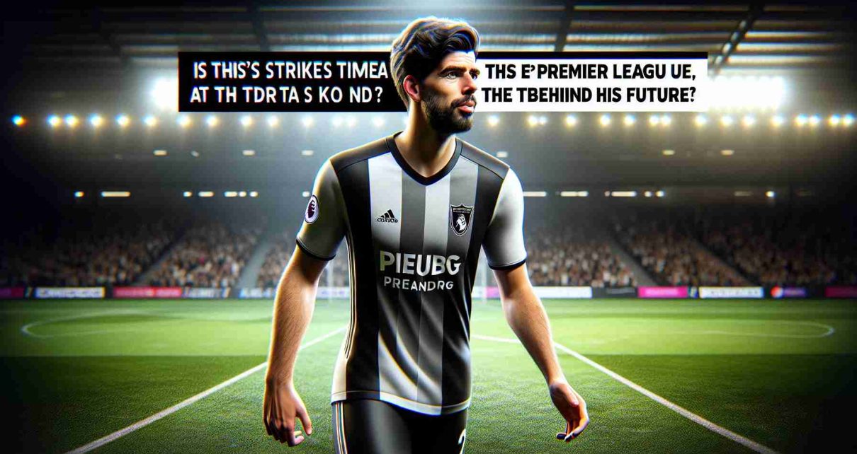 Realistic HD photo of a professional footballer in a black and white uniform on a football field, with a text overlay that says 'Is This Striker's Time at a Premier League Team Coming to an End? The Truth Behind His Future!'