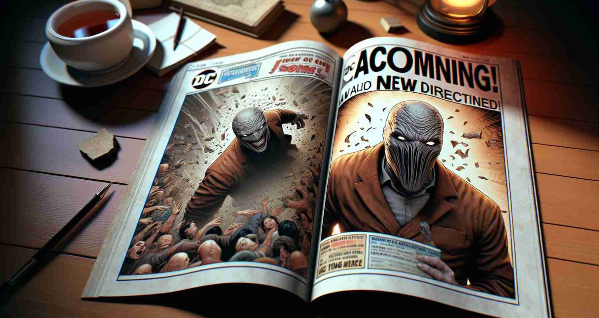 A high-definition realistic image depicting an exciting announcement for fans of DC Comics. The image comprises an open comic book showing Clayface, the fictional comic book character known for his ability to change shape. The character is seen heading in a new direction, adding an element of suspense and signaling an unexpected twist in the storyline. The comic book is laid on a table with a cup of tea and a reading lamp next to it, adding to the ambiance.