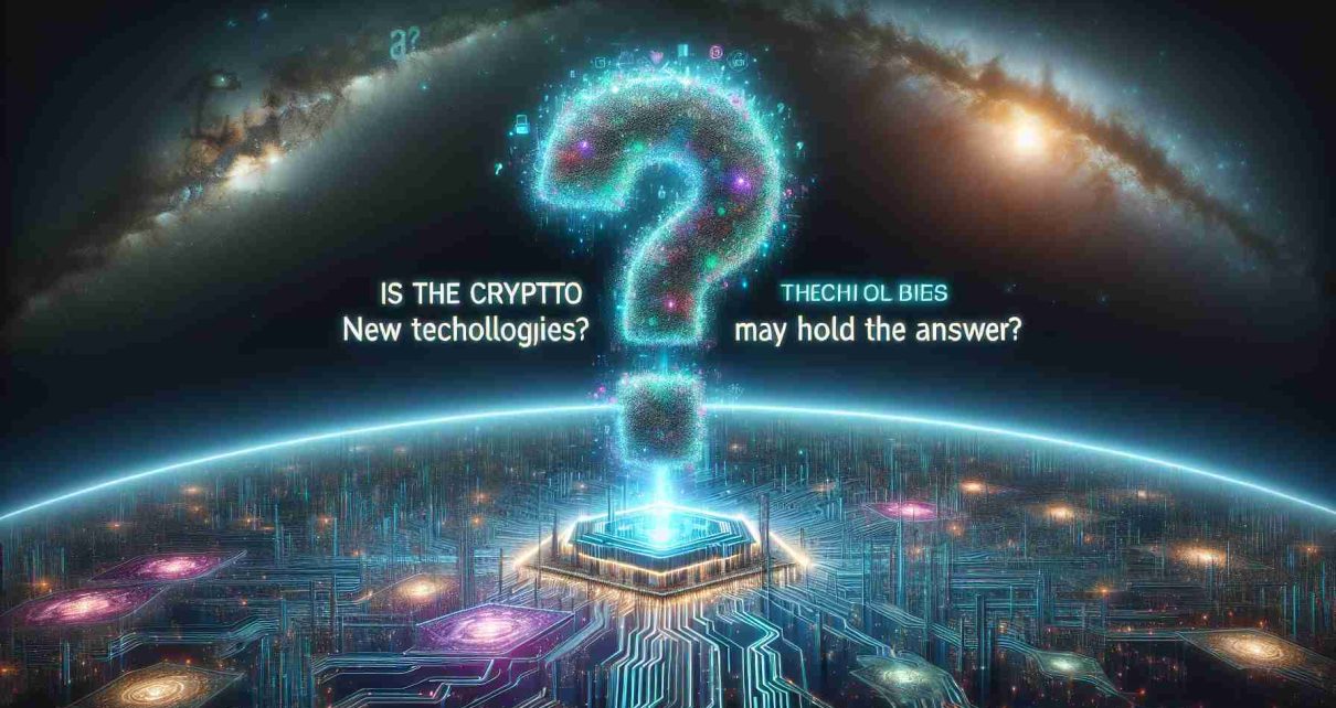 Realistic, high-definition image of a futuristic technology landscape representing blockchain and cryptocurrencies, with various elements indicating progress and evolution. In the foreground, display a large question mark enveloped in digital particles and embedded algorithms. The background should indicate a panoramic view of space, filled with circuit lines, binary code, and nebulae. The heading, 'Is the Crypto Boom Over? New Technologies May Hold the Answer' diagonally written across the digital landscape in 3D, bold and vividly colored letters.