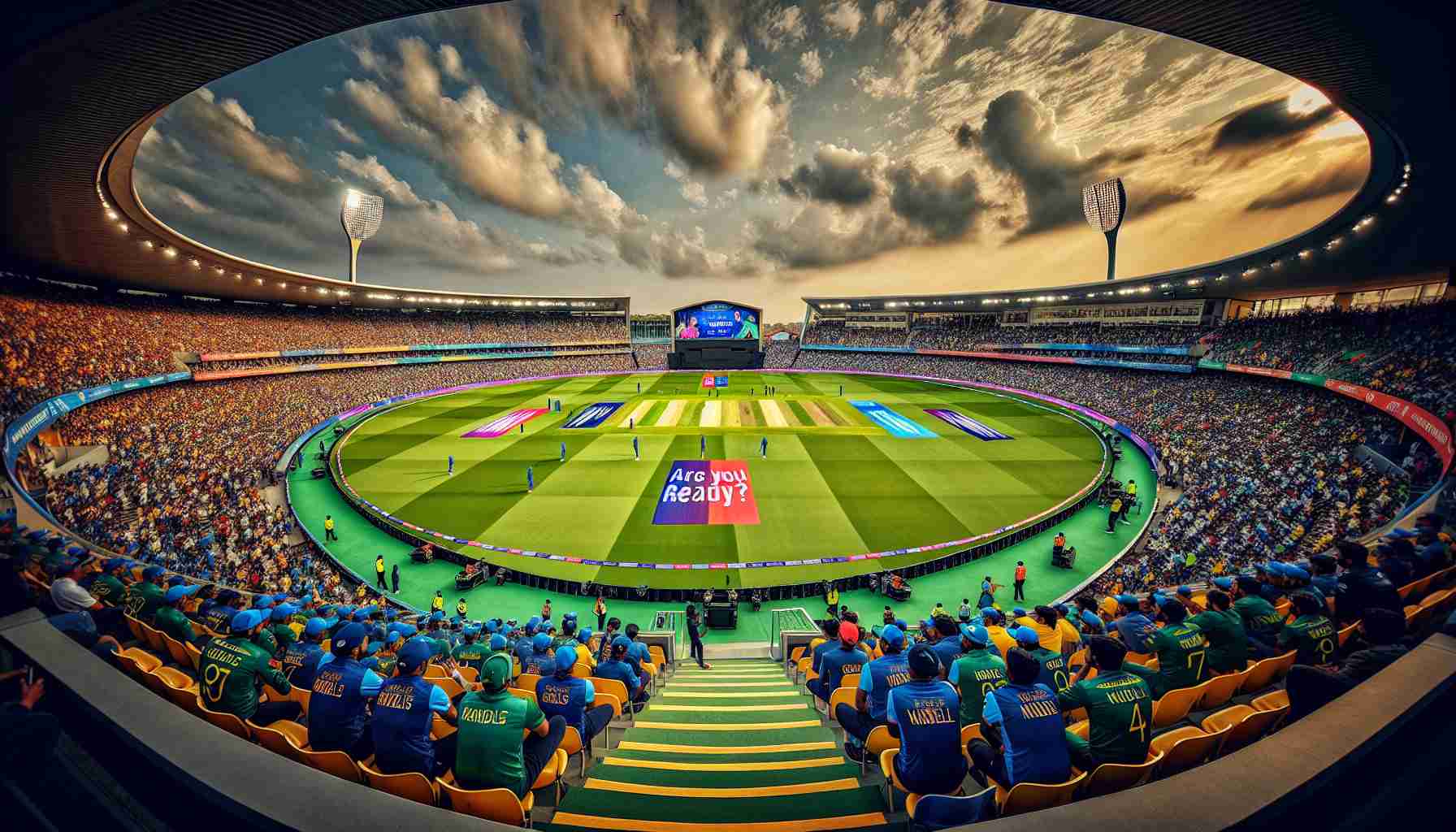 An HD photo of an exciting upcoming cricket match scenario in a large packed stadium. The field is skillfully maintained, marked with pristine white boundary lines. Spectators are on the edge of their seats with painted faces, banners with exciting slogans like 'Are You Ready?'. The sky is partly cloudy, adding a dramatic effect, as the sun sets. There's anticipation in the air and teams are preparing for the match, players are clad in their cricket gear, doing their last-minute warm-up exercises, and practicing with their bats and balls.