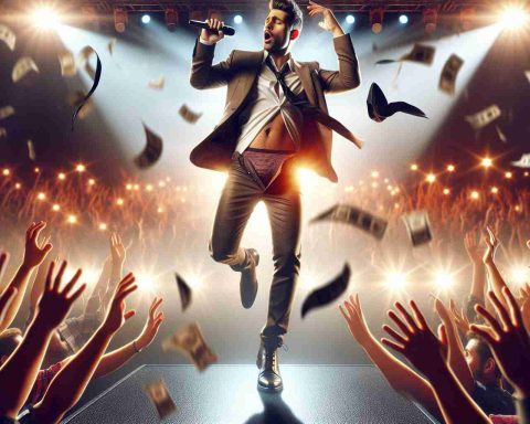 Realistic HD image of an energetic pop concert where the main performer, a charismatic male singer, experiences a wardrobe malfunction. The atmosphere is filled with chaos, excitement and merriment, turning the event into one that will be remembered for a long time.