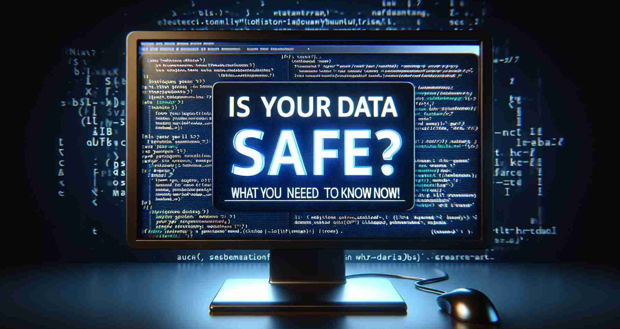 A realistic, high-definition image featuring the text 'Is Your Data Safe? What You Need to Know Now!' The text portrays a sense of urgency and warning. Stylised as if it's on the screen of a computer with coding scripts around, suggesting the field of data security and information technology.