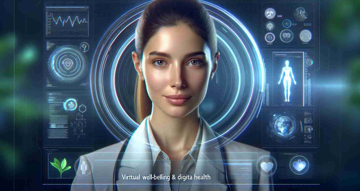 High-definition image of a pioneer in virtual well-being and digital health. She is a female with neutral facial features, confident expression, and professional attire. Her identity is conveyed through her depiction in an advanced futuristic digital environment, showcasing visual elements like holograms, data visualization, and interactive 3D models.