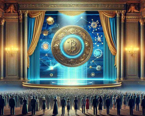 Generate a realistic high-definition image of the unveiling of a new imaginary digital currency called the Hauk Tuah. Portray this scene with a large, ornate coin suspended in mid air against the backdrop of a grand stage with blue and gold curtains. On the coin, there should be intricate designs showcasing technological and financial symbols to represent its digital nature. Accompany this scene with a crowd of people representing different genders and descents expressing excitement and awe. All this gives a sense of a revolutionary leap in the field of digital currency.