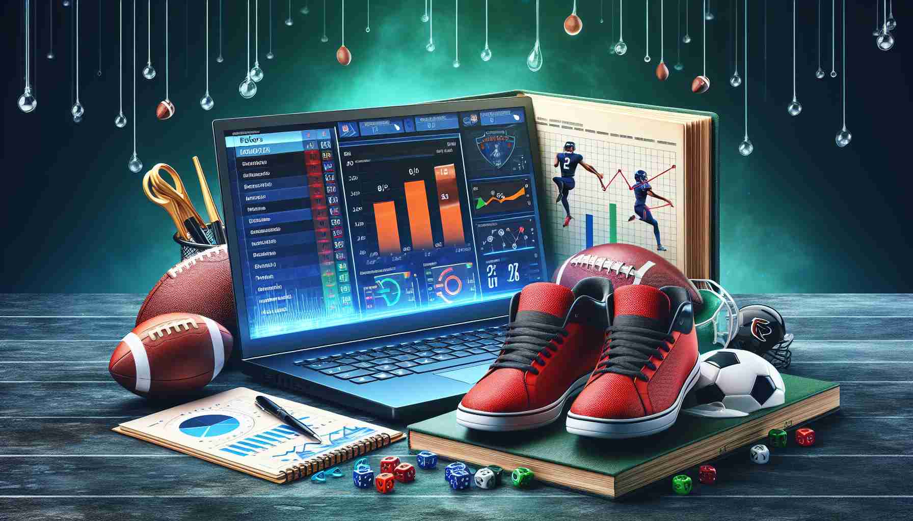 A high-definition, realistic image depicting the concept of decoding fantasy football with specific focus on kickers. Incorporate elements such as a decoded playbook with analytical charts and sporting equipment like footballs and shoes symbolizing kickers. There could also be a laptop screen showing a fantasy football dashboard or application.