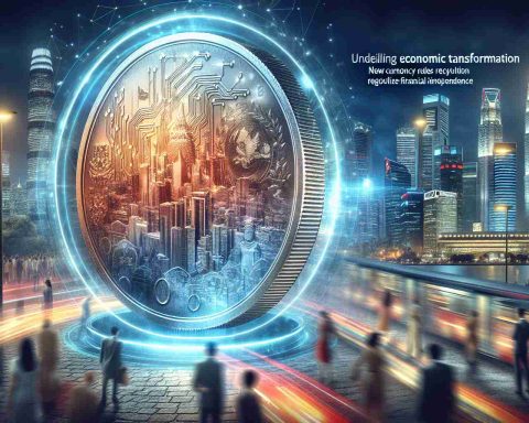 A high-definition, realistic image depicting the concept of economic transformation. The foreground features a magnified, newly minted coin from a fictional country, its design reflecting the rich culture, history and promise of the nation. In the background, a dynamic cityscape illuminated with lights symbolizing rapid development and financial independence. Blurred in motion are citizens of diverse descents and genders, going about their daily lives, showcasing the bustling activity in the wake of the economic revolution. There's a newspaper headline at the bottom, reading 'Unveiling Economic Transformation: New Currency Rules Revolutionize Financial Independence'.