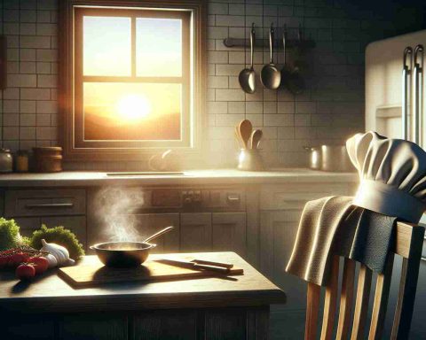 A high-definition, realistic image capturing the essence of a culinary legend's passing. The scene includes an abandoned chef's hat and apron draped over a kitchen chair, indicating absence. The countertop is filled with ingredients mid-preparation and a sauce simmering on the stove, reminiscent of an unfinished masterpiece. A sunset casts a warm, somber glow through a window into the room, symbolizing an end and a new beginning.