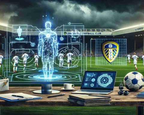 A realistic, high-definition photo depicting the concept of Leeds United Football Club utilizing artificial intelligence for advanced tactical mastery. Can this be seen as the future of football coaching? The scene can include relevant elements such as modern technology, digital screens displaying AI-driven analysis, innovative training methods and a futuristic coaching board, while capturing the essence of West Yorkshire, home of Leeds United FC. The club's FCC's emblem, but without any identifiable players or personnel. Commingle the aura of traditional football culture with the technological revolution.