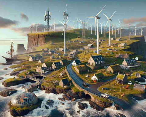 Generate a hyper-realistic high-definition image that portrays a positive transformation of life on an island, specifically one reminiscent of the Shetland Islands. The island should be experiencing a technological revolution, depicting new technologies, such as high-speed internet towers, renewable energy sources like wind turbines or solar panels, and electric vehicles. Includes scenes of everyday life, locals who are diverse in descent and gender, and natural landscapes associated with the Shetland islands, like moorlands, cliffs overlooking the sea, and distinctive wildlife.