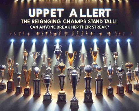 Realistic High Definition image of an assortment of sports trophies standing tall and aligned, symbolizing reigning champions. Emphasize the grandeur of the trophies and the atmosphere of tension around them, it's an alert of an upcoming challenge. Display a bold, dynamic text that reads, 'Upset Alert: The Reigning Champs Stand Tall! Can Anyone Break Their Streak?'