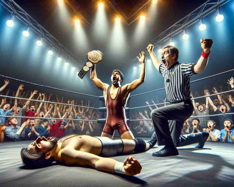 High-definition photo of a significant upset in a wrestling match, showcasing the moment when an unexpected wrestler becomes the champion. The scene depicts the jubilant expression on the face of the new champion, a South Asian male, and the stunned disbelief of the former champion, a white male. The ring, the gathered audience, the referee, and the glow of the overhead spotlights all add to the drama and suspense of the moment.