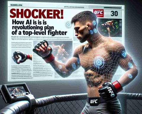 A realistic, high-definition image showing a conceptual headline for a future mixed martial arts event, UFC 310. The headline should read, 'Shocker! How AI is Revolutionizing the Game Plan of a Top-Level Fighter'. The image should display an image of a generic fighter training with augmented reality and AI technology, enhancing his skills and strategy for fights. Make sure the fighter is in peak physical condition, displaying his strength and determination as he interacts with this high-tech training equipment.