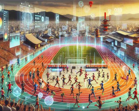 An HD photo, strikingly realistic, that depicts the exciting moment of a major breakthrough in athletics in the city of Kyoto. Visualize a vibrant athletic track filled with multi-ethnic athletes celebrating their achievements. To illustrate 'A New Era', include token symbols of innovation and progress, such as state-of-the-art sports equipment, breakthrough performance stats on digital displays, or revolutionary training techniques being employed. Let the surroundings exude freshness and progression while keeping the traditional spirit of Kyoto intact with glimpses of its iconic landmarks in the background.