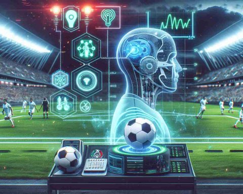 Generate a high-definition realistic image depicting the integration of artificial intelligence in football. Show a scenario where the Mexican football league has established a new standard. This might include sophisticated AI-powered analytics tools being used on the sideline of a football game, advanced tracking technologies, or virtual reality training methods, possibly with Mexican league logos prominently displayed.