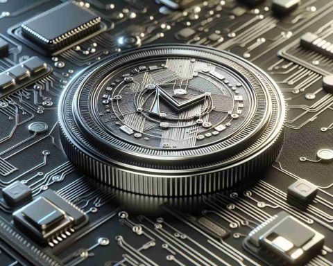 A high-definition realistic illustration of a modern, innovative digital cryptocurrency named Moodeng Coin. The coin should be sleek and metallic, displaying technological symbols that represent innovation and revolution in digital payments. It could be floating on a futuristic, complicated circuit board background indicating advanced technology. The name 'Moodeng Coin' should be visibly engraved on the coin, making it easily identifiable.