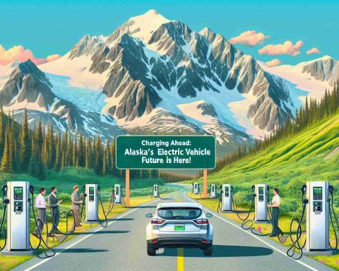 Generate a high-quality, realistic image of a welcoming road sign indicating 'Charging Ahead: Alaska’s Electric Vehicle Future Is Here!' placed amidst a picturesque Alaskan backdrop with snow-covered mountains and lush greenery. Also, depict scattered electric vehicle (EV) charging stations along the upgraded roadways, with diverse drivers actively using them, showcasing men and women of different descents such as Caucasian, Hispanic, and South Asian.