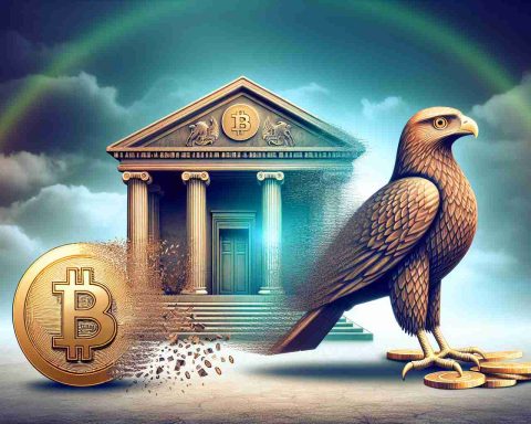 Create a realistic HD image of a conceptual representation showcasing the revolutionary impact of an emerging hawk-themed virtual currency, signifying its potential to overshadow traditional banking systems. Include a hawk-shaped coin icon against the backdrop of an old-school bank building gradually fading away, symbolizing the transition from classic banking to digital finance.