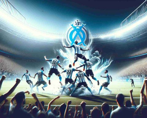 Generate a high-definition, photorealistic image of a dramatic and memorable soccer match moment. The teams sport the colors of Marseille and Rennes respectively. The atmosphere in the stadium is electrifying, with fans on the edge of their seats, as Marseille is just about to secure a hard-fought victory.