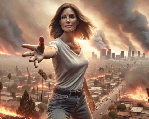 A high definition photo depicting a generic female figure, extending a helping hand in a wildfire-stricken urban landscape. She is Caucasian, in her mid-40s, with brown hair and athletic build, capturing the essence of resilience, bravery, and compassion. She is clad in casual wear, comprised of jeans and a cotton shirt. Background chaos displays advancing wildfires impacting Los Angeles, accentuating her heroism amidst adversity.