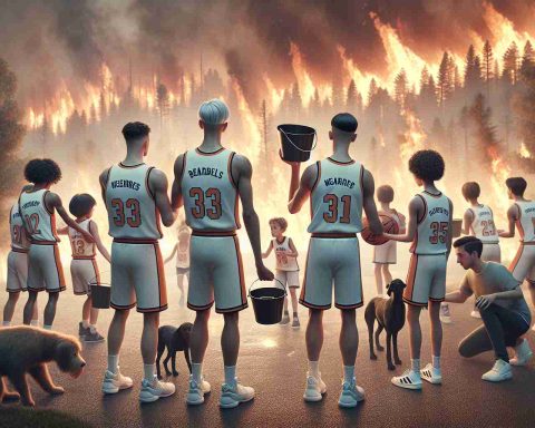 High definition, realistic image of a family-first scenario where a group of basketball players, dressed in their team jerseys, are facing a devastating forest fire. They should look concerned and ready to help, with some grabbing buckets of water, others helping neighbors, and perhaps a few even comforting pets. The sky is smoky, the temperature is perceived as hot, and the fire is intense yet at a safe distance.